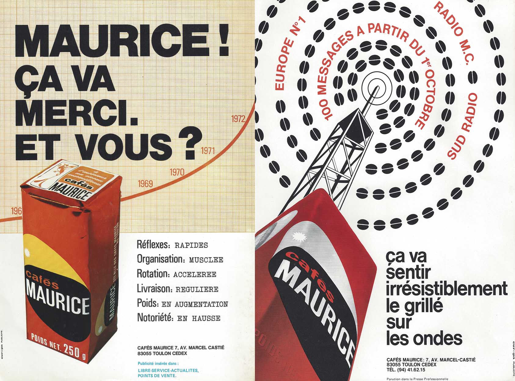 Campagne de publicité 1970 annonces Cafés Maurice