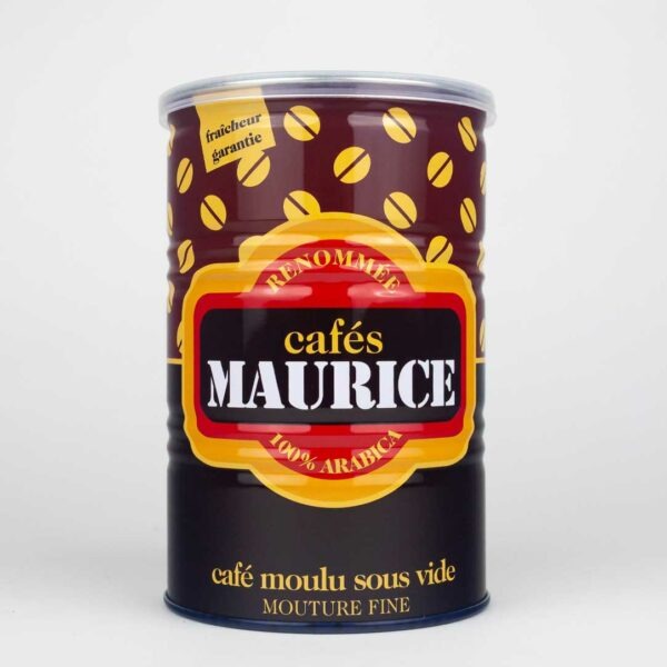 Boîte en métal marron pour la conservation des Cafés Maurice vue de face