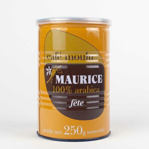 Boîte en métal jaune pour la conservation des Cafés Maurice vue de face