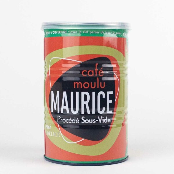 Boîte en métal verte pour la conservation des Cafés Maurice vue de face