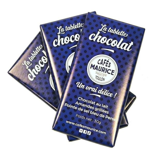 La tablette chocolat au lait, amandes grillées, pointe de sel bleu de Perse Cafés Maurice