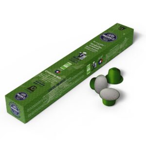 Boîte de capsules de café Latu Gudina Ethiopie, agriculture biologique, 100 % arabica de la marque Cafés Maurice torréfacteur Toulon Sanary 83, couleur verte, compatibles avec les machines Nespresso®. Trois capsules sont disposées à côté de la boîte, dont deux avec leur opercule visible.