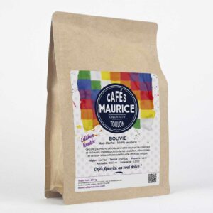 Paquet de Café Maurice Bolivie Aka-Pacha 100 % Arabica, en édition limitée, avec un design coloré inspiré de la culture bolivienne.