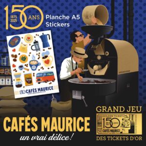 Planche de stickers A5 illustrée pour les 150 ans des Cafés Maurice avec tasses, grains de café, cafetières et logo vintage.