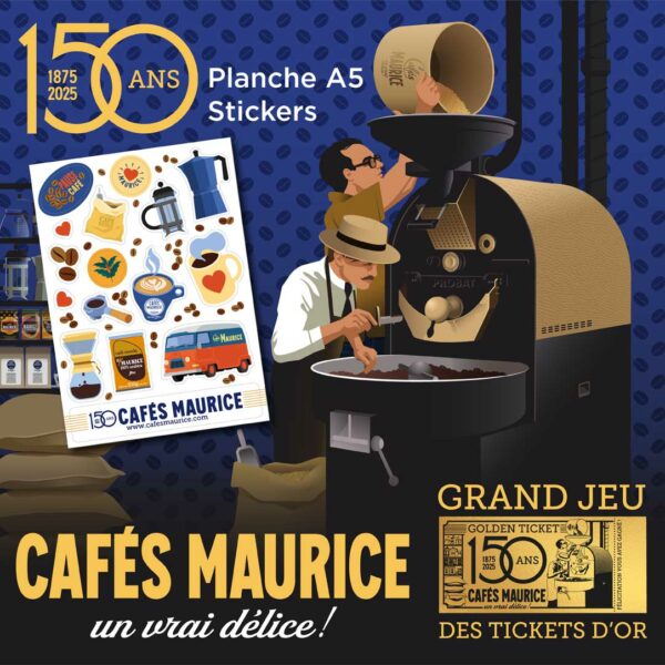 Planche de stickers A5 illustrée pour les 150 ans des Cafés Maurice avec tasses, grains de café, cafetières et logo vintage.