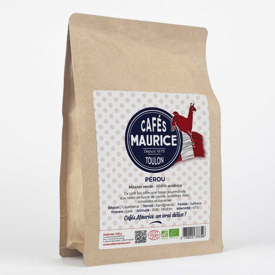 Sachet kraft 250g café bio Pérou Mission Verde Cafés Maurice intensité 4 sur 10