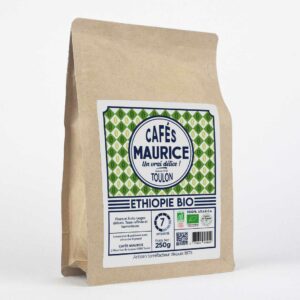 Paquet de café Éthiopie Bio Cafés Maurice Toulon 100% Arabica 250g, café floral aux notes de fleurs et fruits rouges délicats