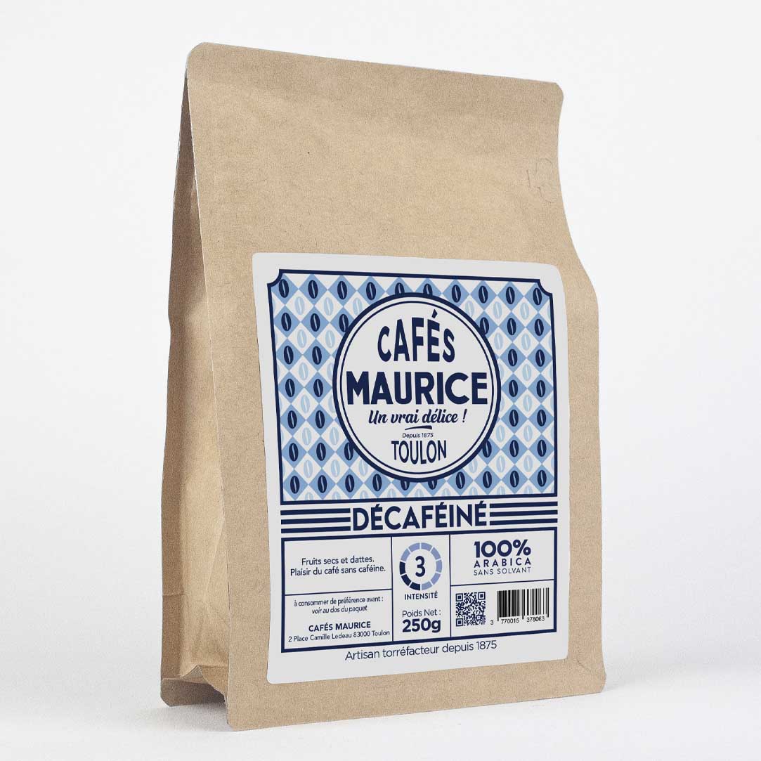Paquet de café décaféiné Cafés Maurice Toulon 100% Arabica sans solvant 250g, café doux aux notes de fruits secs et dattes