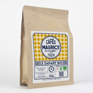 Paquet de café Le Sanary Bio Cafés Maurice Toulon 100% Arabica 250g, café élégant aux notes de fleurs et fruits à coque