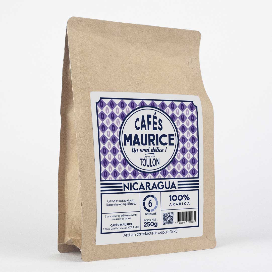 Paquet de café Nicaragua Cafés Maurice Toulon 100% Arabica 250g, café équilibré aux notes de citron et cacao doux