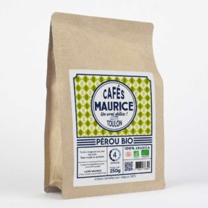 Paquet de café Pérou Bio Cafés Maurice Toulon 100% Arabica 250g, café doux aux notes de fruits à coque et douceur naturelle
