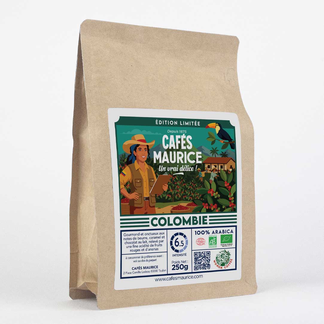 Café Colombie Bio Women Coffee 100 % Arabica Cafés Maurice aux notes de beurre, caramel, chocolat au lait et fruits rouges